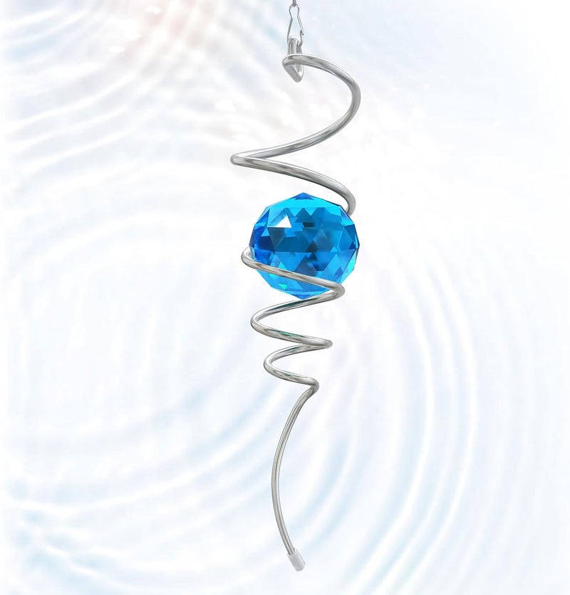 Eiryhope Gazing Ball Spiral Tail, Wind Spinner Spiral Peacock Blue Crystal Orb with Swivel Hook, Sun Catcher Rainbow Maker Hanging Decor for Yard Garden Rotating Art Ornaments Great Gifts 13" Height - Image 1